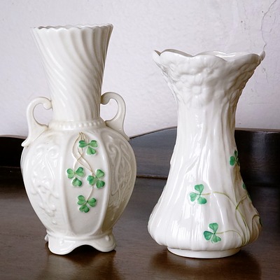 Two Belleek Shamrock Patterned Porcelain Vases, Green and Black Mark