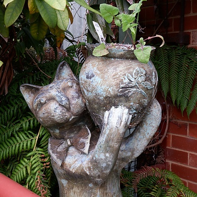 Bronzed Cast Metal Cat Holding a Planter
