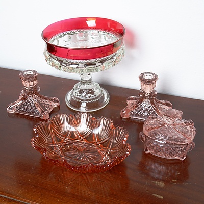 Vintage Pink Glass Candlesticks, Bowl and Jewellery Box with a Ruby Flashed Glass Comport