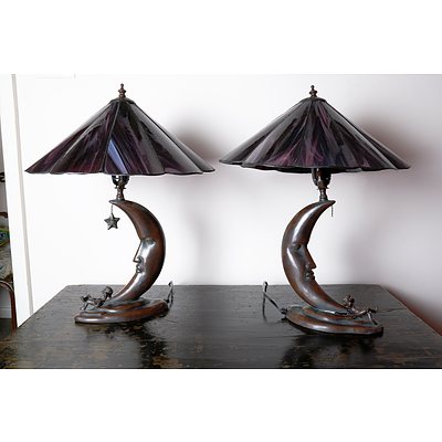 Pair of Bronzed Metal Crescent Moon and Cherub Table Lamps