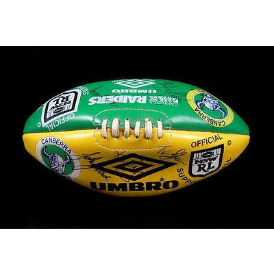 Vintage Signed Canberra Raiders Ball, with Fourteen Signatures Including Mal Meninga