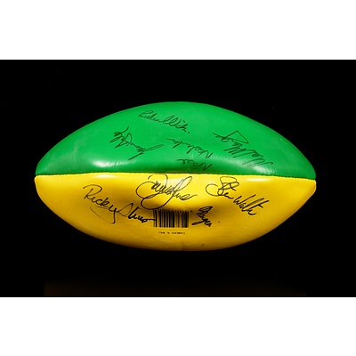 Vintage Signed Canberra Raiders Ball, with Fourteen Signatures Including Mal Meninga