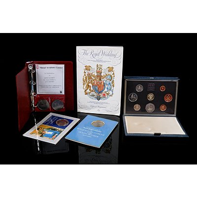 British 1984 Proof Coins Set, Three Queen Mother 1980 Crowns, 1981 Royal Wedding Crown and 1981 Royal Wedding Programme