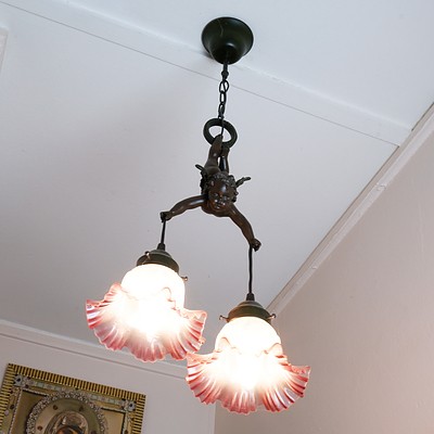 Antique Style Bronzed Metal Cherub Hall Light with Two Pink Glass Shades with Ruffled Rims