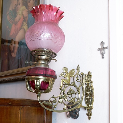 Good Victorian Wall Mount Lamp, With Cast Brass Cherub Wall Bracket, Crimped and Etched Ruby Glass Shade and Duplex Burner