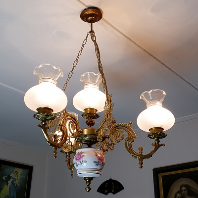 Antique Style Chandelier Ruffled Rim Glass Shades and Painted Porcelain Drop