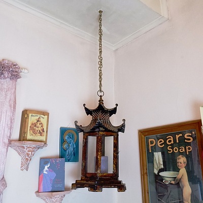 Patinated Metal Pagoda Shaped Hanging Lantern
