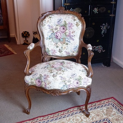 French Louis Style Floral Brocade Upholstered Armchair