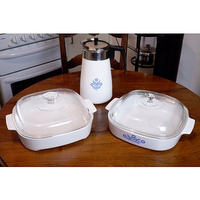 Corning Ware Water Pitcher and Two Oven Proof Dishes