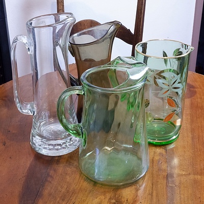 Four Vintage Glass Water Pitchers, Including Smoked Glass Pitcher with David Irvine Label 