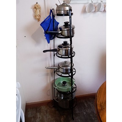 Antique Wrought Metal Tiered Pot Stand with Various Pots