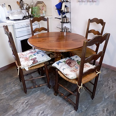 Antique French Farmhouse Breakfast Table with Four Antique French Elm Dining Chairs with Rush Seats