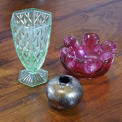Murano Glass Bowl, Green Depression Glass Vase and a Small Isle of Wight Vase 