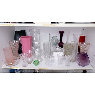 Shelf of Glass Vases, Including Tall Krosno Vase, Studio Nova Luar Vase, and More