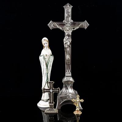 Art Nouveau Style Cast Metal Figure of Christ on the Cross, Two Bejewelled Crosses and a Figure of Mary