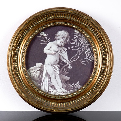 Print of a Cherub Playing a Violin in a Antique Style Oval Giltwood Frame