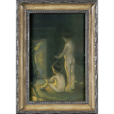 Vintage Print of Two Children by a Fire in a Carved and Silvered Wood Frame