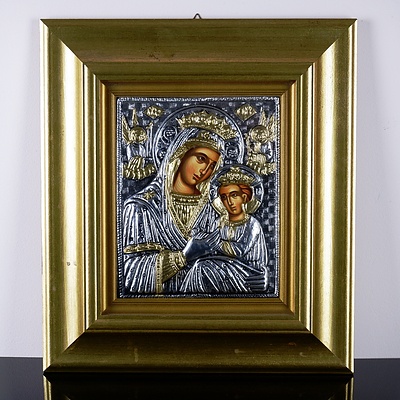 Framed Russian Pressed Metal Icon, The Black Madonna 