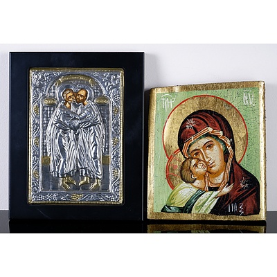 Lady of Perpetual Help Block Mounted Print and Another Greek Pressed Metal Icon of Two Saints