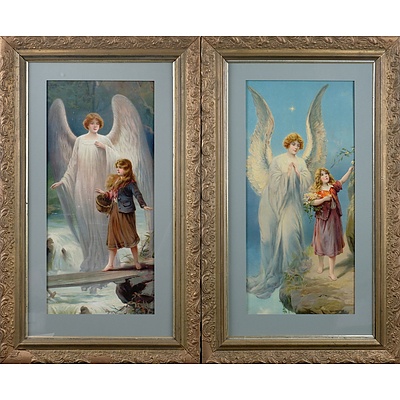 Two Vintage Chromolithographs Depicting Guardian Angels in Giltwood Frames