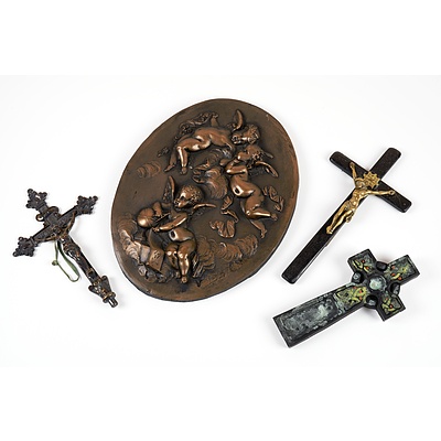 Scottish Ceramic Cross with Two other Cast Metal Crosses with a Gilt Ceramic Cherub Wall Plaque