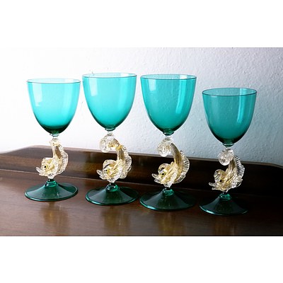 Four Venetian Wine Glasses with Dolphin Form Stems