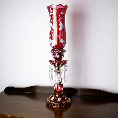 Victorian Ruby and Gilt Flashed Candlestick with Crystal Prism Drops