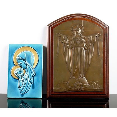 Escudero Bronzed Metal Figure of Christ and Lady of Perpetual Help Ceramic Plaque