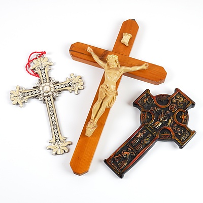 Irish Ceramic Durron Cross, Vintage Pine Cross and a Bejewelled Cast Metal Cross