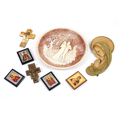 Limited Edition Bradex 'The Kiss' Plaque, Moulded Resin Mary Plaque and Various Small Icons