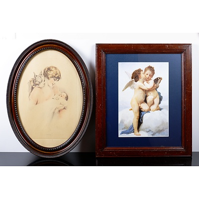 Oval Framed Gutmann and Gutmann Jealousy Engraving with a Framed Cherub Offset Print