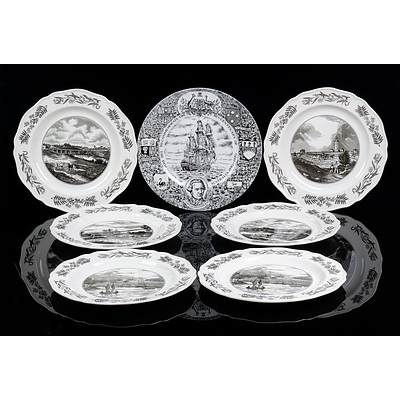 Six Wedgwood Historical Australia Series Plates and a Woods and Sons Bicentenary Plate