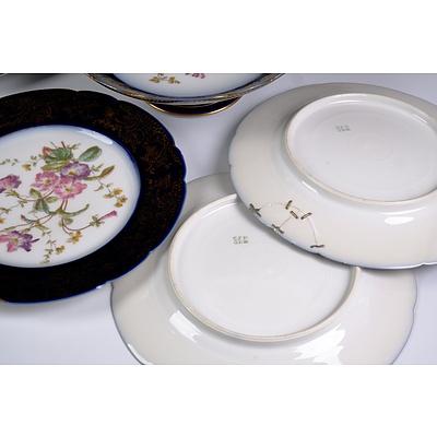 Collection of French CFH/GDM Gilt and Cobalt Blue Decorated Plates and a Comport, Some with Old Staple Repairs