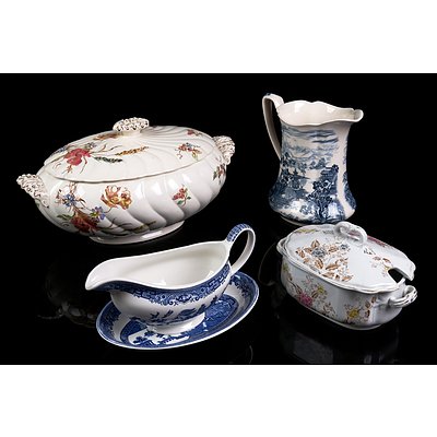 Antique Transfer Printed Tureen, Small Woods and Sons Tureen, Johnson Bros Blue and White Jug and a Willow Pattern Gravy Boat 
