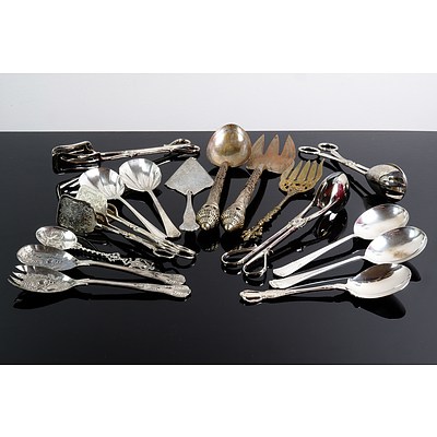Collection of Silver Plated Serving Spoons and Tongs, Including Pair of Kings Pattern Berry Spoons and Rodd Flatware 