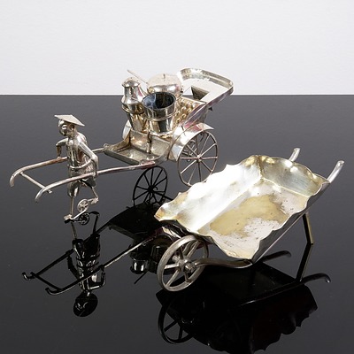 Asian Silver Plated Rickshaw Condiment Set with a Silver Plated Wheel Barrow