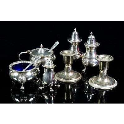 Collection of Vintage Silver Plated Wares, Salt and Pepper Pots, Open Salts and Candle Sticks, Shoe Hook and More