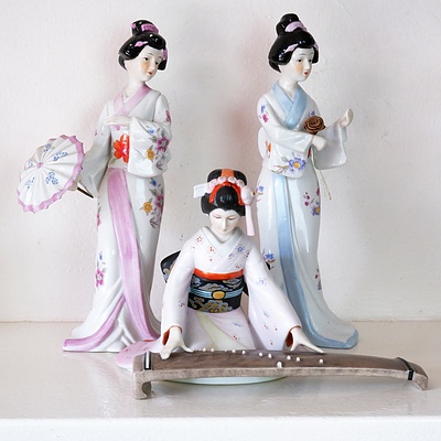Three Ceramic Japanese Geisha Figures, Including Franklin Mint