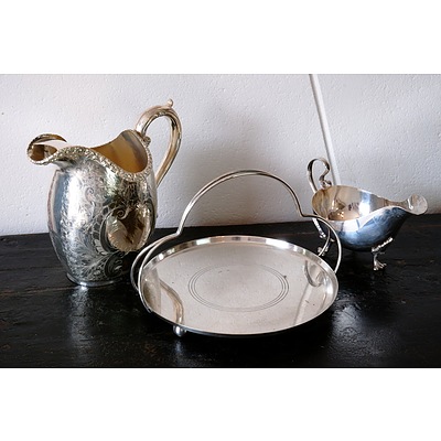 Hardy Broz Engraved Silver Plate Jug, James Dixon and Sons Gravy Boat and a Royelle Silver Plated Cake Stand