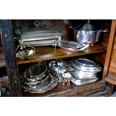 Two Shelves of Silver Plated Serving Wares, Including Gorham Silver, Oneida and More 