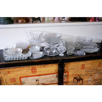 Large Collection of Cut Crystal and Moulded Glass, Including Pair of Oven Proof Fish Form Dishes, French Moulded Fruit Glass Bowl and More 