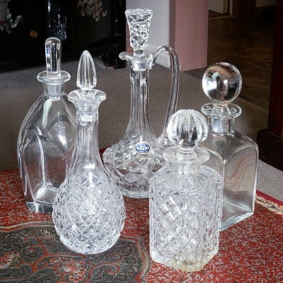 Five Cut Crystal and Moulded Glass Decanters, Including Bohemia