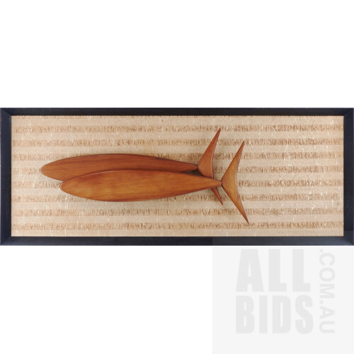 Retro Pair of Teak Fish on a Natural Woven Fiber Backing