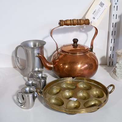 Brass Egg Tray, Copper Kettle and Vintage German Pewter Jug and Four Cups