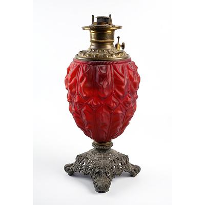 Large Antique American Oil Lamp with Cranberry Glass Font