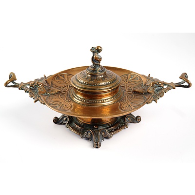 Art Nouveau Cast Brass and Copper Inkwell with Coiled Serpent Finial, Early 20th Century