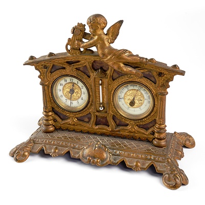 Antique Art Nouveau Gilt Metal Desk Clock with Barometer and Humidity Gauge with Cherub and Lyre Finial