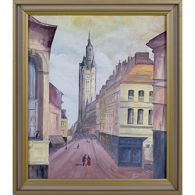 David Colquhoun, Untitled (Street Scene with Clocktower), Oil on Canvas on Board