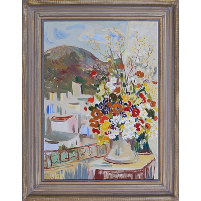 Milia Laufer (1923-2008, Israeli), Untitled (Balcony Scene with Flowers), Oil on Board