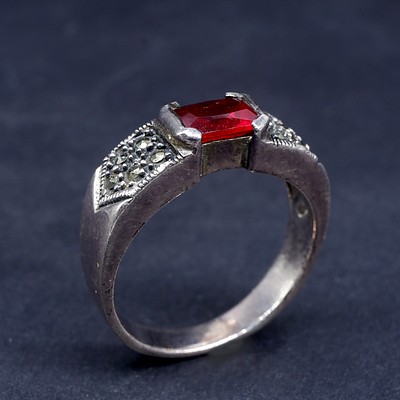 Sterling Silver Marcasite Ring with Red Paste